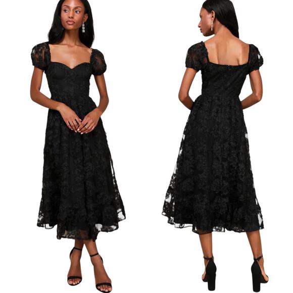 Lulus Notable Elegance Black Mesh Floral Applique Bustier Midi Dress size S NWT - Picture 1 of 5
